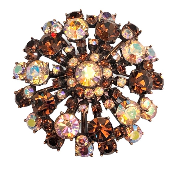 VINTAGE JOAN RIVERS AMBER & AURORA BOREALIS PINK DOME CRYSTAL BROOCH - Picture 3 of 16